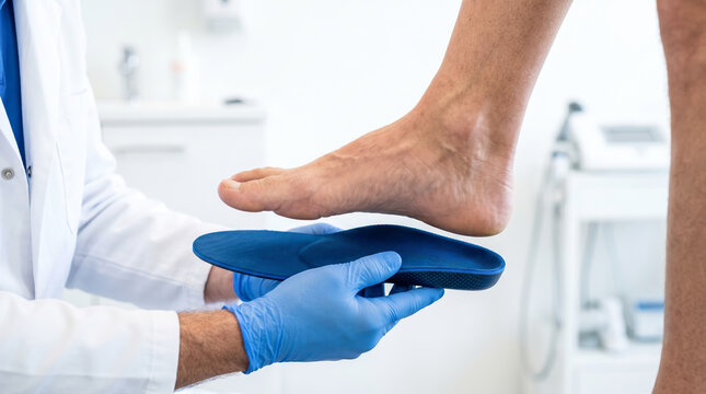 A doctor holds a blue foot insole while examining a patient's foot in a clinic. The setting includes medical equipment and a professional atmosphere for foot care