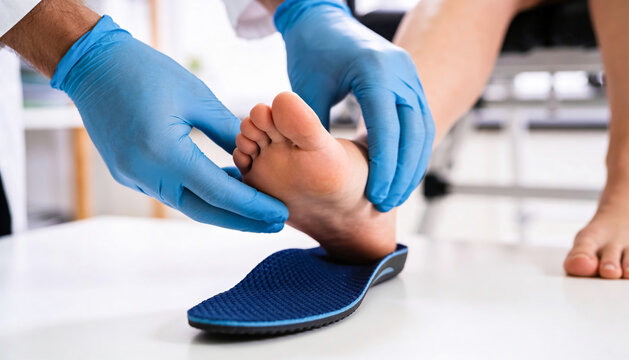 A healthcare professional examines a patient's foot to measure for a custom insole. The setting is a medical office with tools and equipment nearby