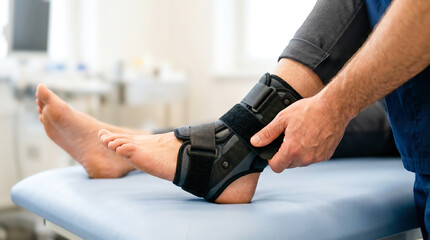 Obraz premium A person sits on a treatment table while a healthcare worker applies a support brace to their injured ankle in a clinical environment during daytime