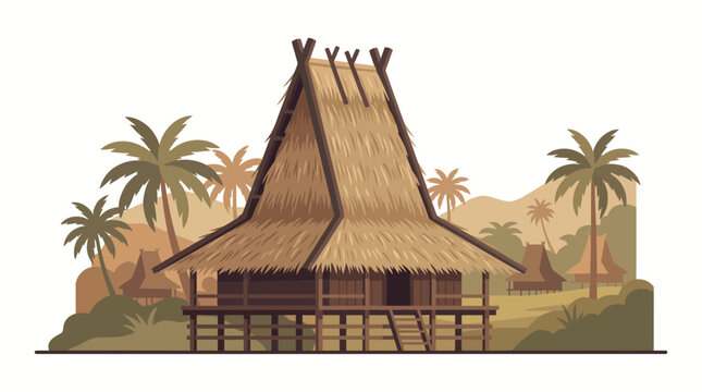 Clean flat vector artwork of an isolated Sumba traditional house from East Nusa Tenggara featuring detailed wooden carvings and iconic vernacular architecture.