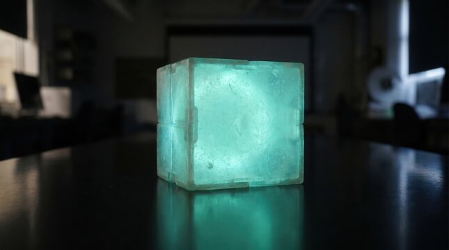 Glowing teal-colored cube on a dark reflective surface in a dimly lit room with blurred background.