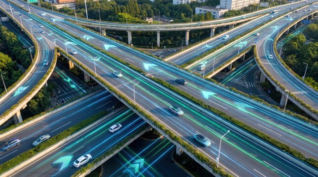 Aerial view of a busy highway interchange with multiple elevated roads and glowing blue arrows.