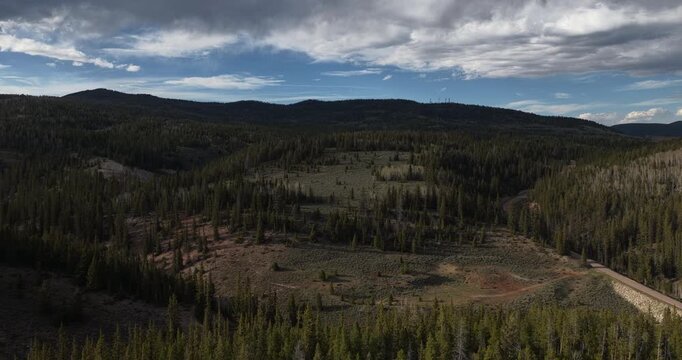 Aerial of Ashley National Forest along US highway 191 in northeast Utah Uinta Mountains in spring