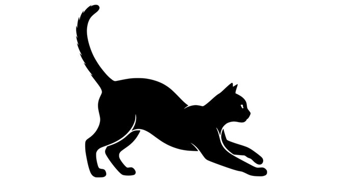 Black Cat Silhouette Stretching on White Background