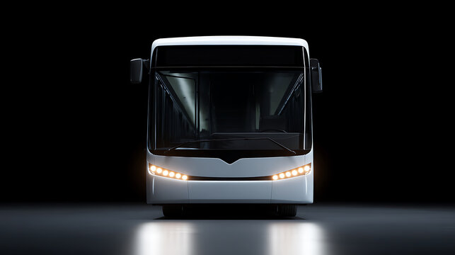 Front View of a Modern White City Bus or Coach with Headlights Illuminate on Dark Background, Public Transportation Concept, 3D Render Illustration