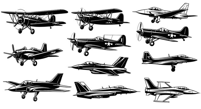 Military Aircraft and Vintage Fighter Airplane Silhouette Vector Set