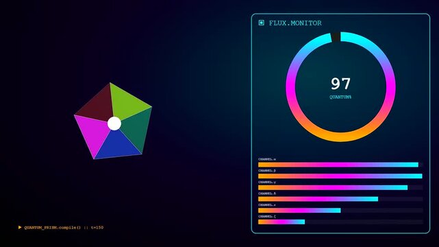 This futuristic interface displaying a complex Quantum Material Design sequence features vibrant digital gauges and data visualizations glowing against a dark blue atmospheric background environment