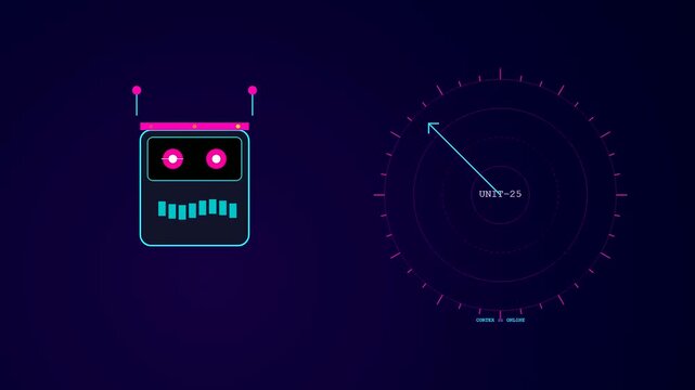 A sleek motion graphic showing a Quantum Material Design digital interface with animated robotic faces and scanning radar dials transitioning between various data units across dark blue space.