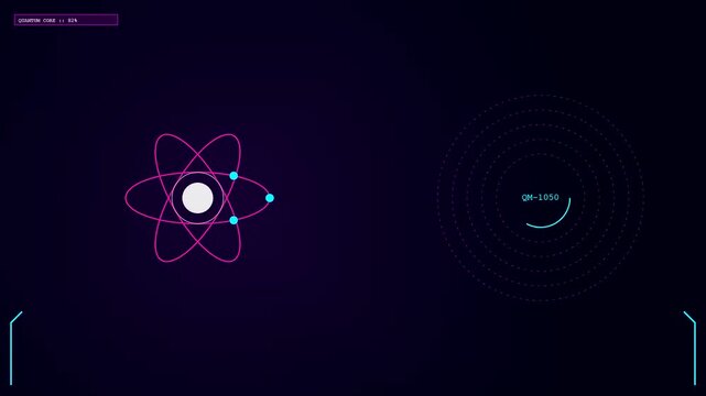 This futuristic motion graphic showcasing a complex Quantum Material Design features glowing atoms and digital data interfaces set against a dark purple scientific laboratory background
