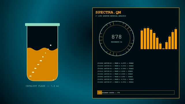 Sophisticated Quantum Material Design simulations are displayed through a trio of evolving glass vials featuring oscillating liquid levels and digital data interface panels with glowing analytics
