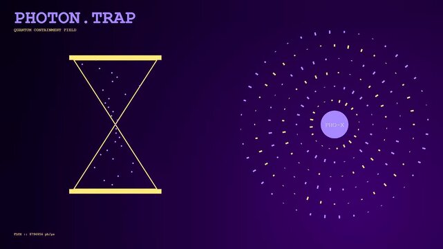 An intricate simulation of a Quantum Material Design interface featuring a central hourglass containment field with glowing golden particles swirling and pulsing against a dark violet atmosphere