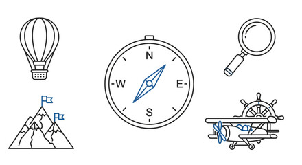 Adventure Icons: Hot Air Balloon, Compass, Magnifying Glass, Plane, Mountain © ic