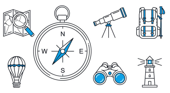 Adventure Travel Icons: Compass, Map, Binoculars, Telescope, Backpack, Hot Air Balloon, Lighthouse