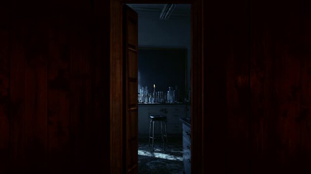 Wooden door swings open to dimly lit old science lab