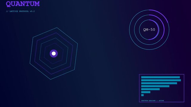 An advanced digital display showcases Quantum Material Design through animated hexagonal lattices and circular charts that pulse with vibrant neon colors and high-tech energy.
