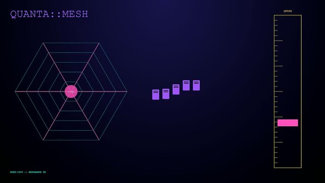 An animated visualization of a quantum material design shows glowing pink geometric lines shifting across a dark digital interface while data bars pulse with rhythmic energy levels