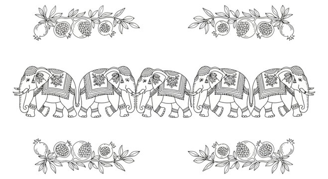Ornate Elephant Procession Border with Pomegranate Garland Accents - Black and White Line Art