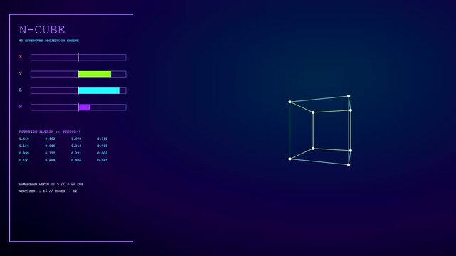 A sophisticated user interface for Quantum Material Design visualizes a rotating hypercube with dynamic sliders and data matrices on a dark blue glowing digital background.