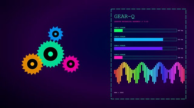 Futuristic Quantum Material Design interface updating with dynamic torque values and animated spectral waveforms. Illustrates complex mechanical assembly performance and advanced data processing.