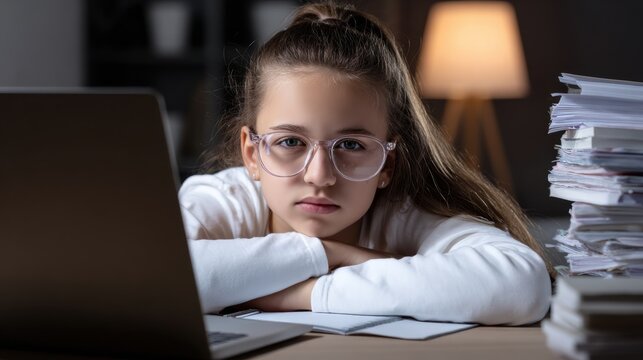Serious schoolgirl with glasses studying on laptop at night surrounded by notebooks. Focused pupil learning online, preparing lessons and managing heavy workload
