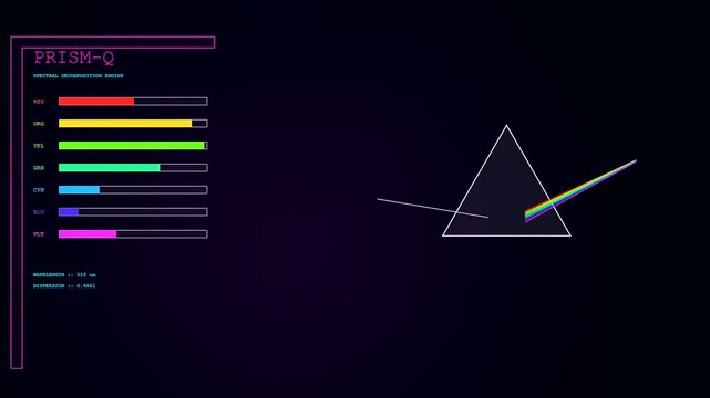 Innovative Quantum Material Design interface dynamically visualizing light spectral decomposition via a geometric prism. Illustrates scientific data analysis with vibrant neon graphics and precision.