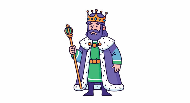 Cartoon King Holding Scepter and Crown.