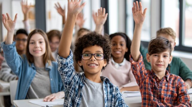 Happy elementary students raising hands in classroom discussion. Diverse children participating in school lesson, active learning and academic engagement in modern education