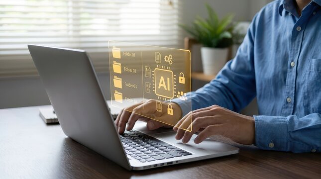 AI-Powered Data Management on Laptop with Holographic Interface in Professional Workspace