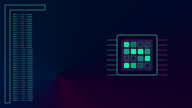 A highly detailed Quantum Material Design interface displays animated columns of alphanumeric code while a central microchip pulses with neon colors against a dark atmospheric background.