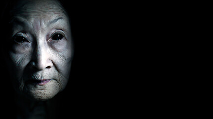 Obraz premium Elderly Asian woman face emerging from darkness with dramatic low key lighting, expressive portrait photography