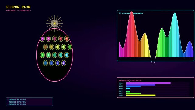 This futuristic interface showing a Quantum Material Design simulation features fluctuating spectral waves and pulsing photon arrays against a dark digital background with moving data bars