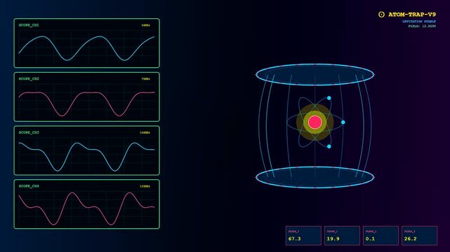 High-tech digital interface displaying a complex Quantum Material Design simulation. Shows subatomic particles in a magnetic field with oscillating waveforms and real-time scientific data metrics.