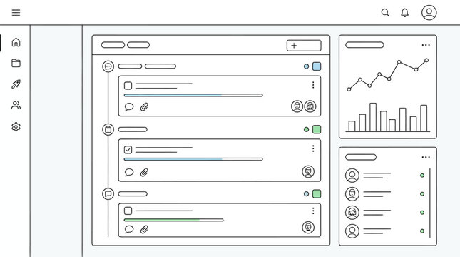 Minimalist line art dashboard user interface mockup with data charts and task management widgets for web application design