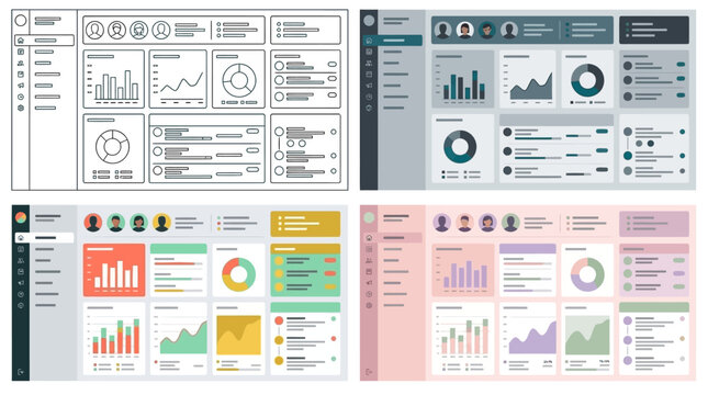 Set of four professional dashboard user interface mockups featuring various color schemes and data visualization charts for web applications