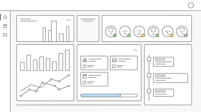 Modern minimalist dashboard user interface mockup with line art illustrations of data charts, analytics graphs, and user profile icons.