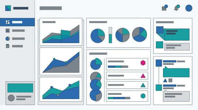 Modern flat vector illustration of a business data dashboard user interface featuring various analytics charts, graphs, and statistics for professional management.