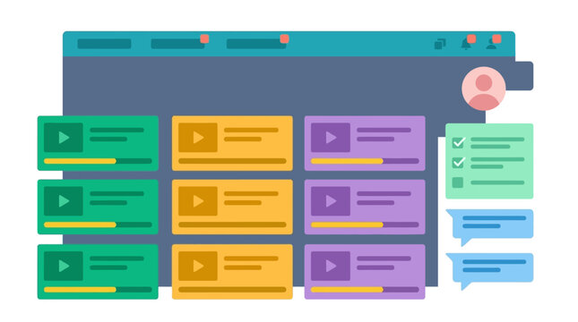 Flat vector illustration of an online learning dashboard interface with video lessons, progress bars, and user profile.