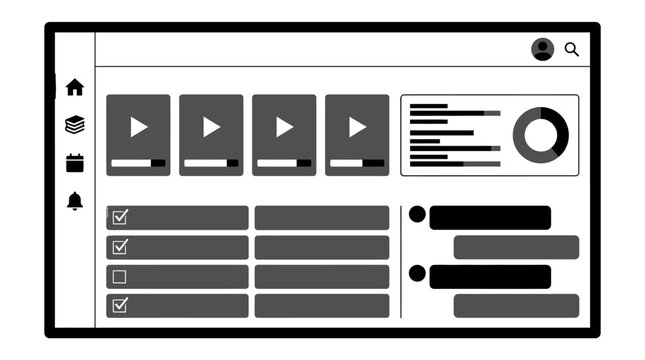 Minimalist flat vector design of an online education platform user interface featuring video courses, analytics dashboard, and student progress tracking tools.