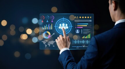 Fototapeta premium Businessman interacting with holographic analytics dashboard in modern tech environment