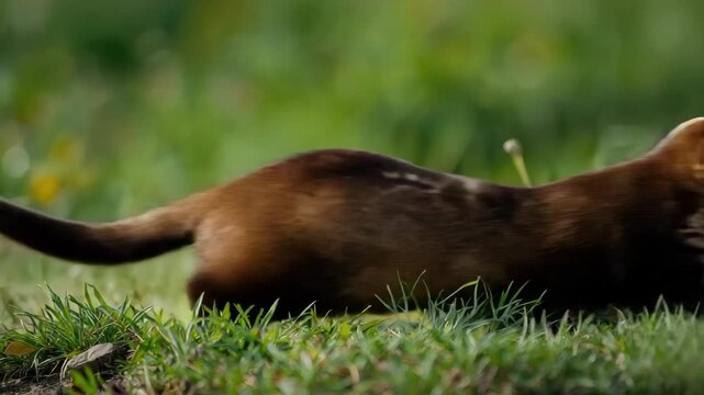 Young brown ferret mustelid mammal with brown fur white marking resting in grass