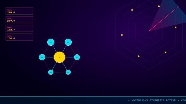 High-tech digital interface displaying Quantum Material Design synthesis. Features glowing hexagonal data charts and molecular structures on a dark blue background during a research scan process.