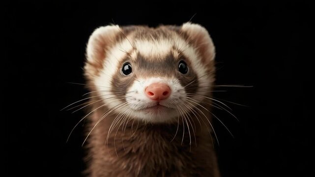 Curious brown ferret mustelid pet portrait with dark black background dramatic soft lighting warm
