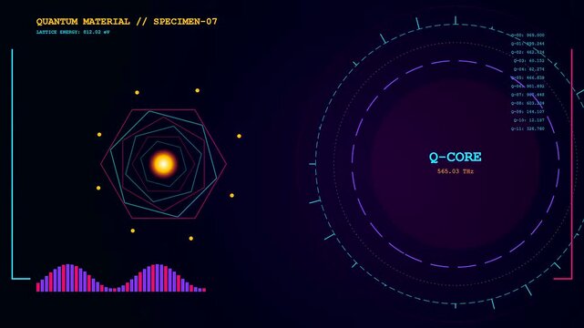 This futuristic Quantum Material Design interface displays a rotating geometric core and oscillating energy waves within a dark digital laboratory environment for scientific research and analysis.