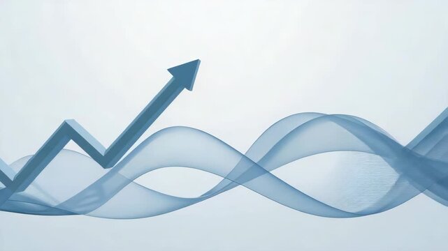 Upward arrow chart rising above flowing blue wave pattern signaling growth and progress