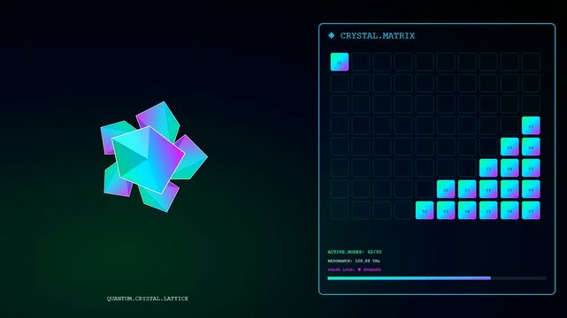 Vibrant Quantum Material Design sequences transitioning through a glowing crystalline matrix. Futuristic digital dashboard features neon gradients and complex data visualization for lab science.
