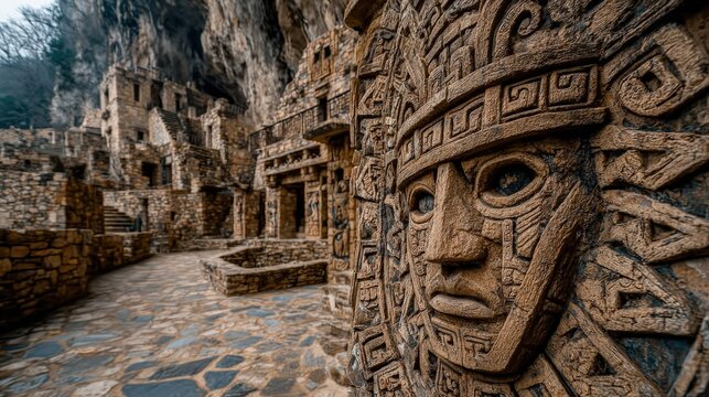 Maya Aztec civilization, Mexico culture. Mysterious, fantasy. A detailed, highresolution photograph of an ancient Mayan archaeological site. The main subject is a carved stone face.