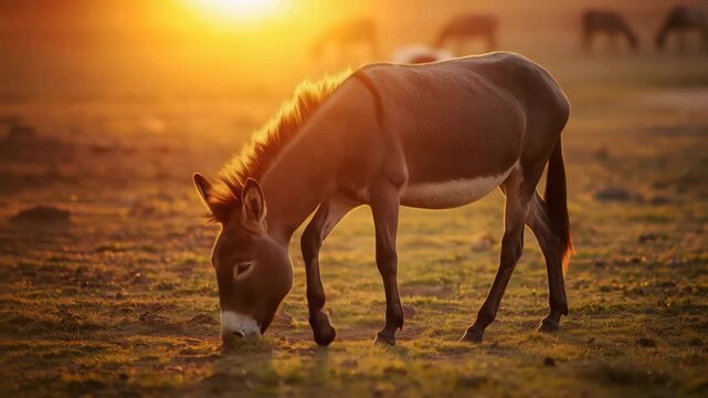 Donkey grazing in golden hour grass at sunset meadow with warm peaceful sunlit pasture