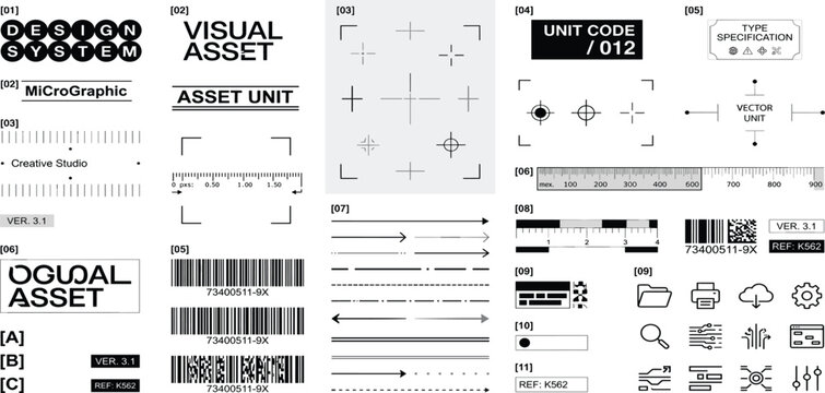 A versatile collection of modern graphic design assets, UI/UX elements, measurement tools, and data indicators for digital interfaces and creative projects, perfect for designers and developers