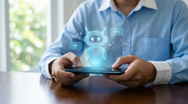 Person using AI chatbot on tablet with glowing robot interface