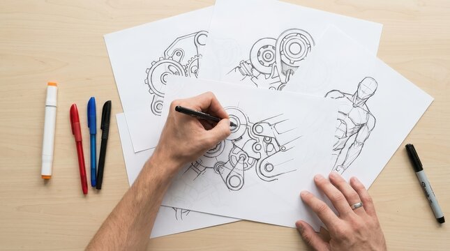 Hand sketching mechanical designs and robot anatomy on paper desk